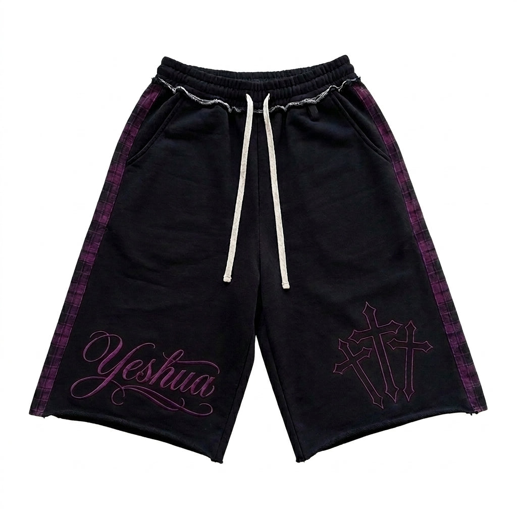 Yeshua shorts, purple, front, white background